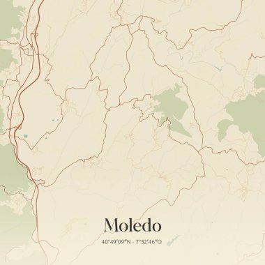 Moledo 'nun klasik duvar sanat haritası, Portekiz, Castro Daire' de bulunuyor. Ormanlar, yollar, şehirler, göller ve nehirlerle ilgili hava planı.