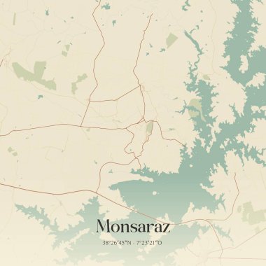 Monsaraz 'ın klasik duvar haritası, Reguengos de Monsaraz, Portekiz' de. Ormanlar, yollar, şehirler, göller ve nehirlerle ilgili hava planı.