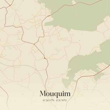 Mouquim 'in klasik duvar sanat haritası, Vila Nova de Famalicao, Portekiz. Ormanlar, yollar, şehirler, göller ve nehirlerle ilgili hava planı.