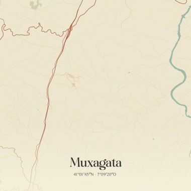 Vintage wall art map of Muxagata, located in Vila Nova de Foz Coa, Portugal. Aerial plan with forests, roads, cities, lakes and rivers. clipart