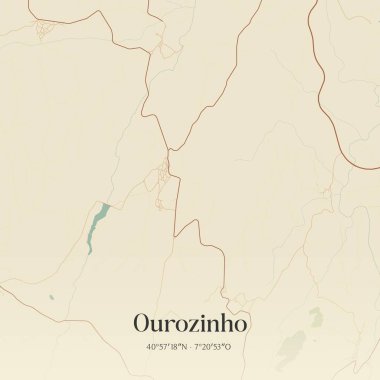 Vintage wall art map of Ourozinho, located in Penedono, Portugal. Aerial plan with forests, roads, cities, lakes and rivers. clipart