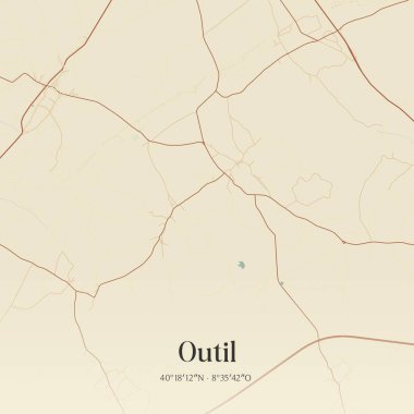 Portekiz, Cantanhede 'de bulunan Outil' in klasik duvar sanat haritası. Ormanlar, yollar, şehirler, göller ve nehirlerle ilgili hava planı.