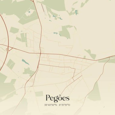 Vintage wall art map of Pegoes, located in Montijo, Portugal. Aerial plan with forests, roads, cities, lakes and rivers. clipart