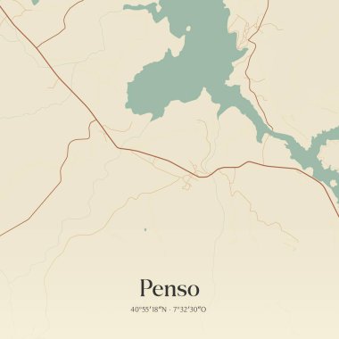 Vintage wall art map of Penso, located in Sernancelhe, Portugal. Aerial plan with forests, roads, cities, lakes and rivers. clipart