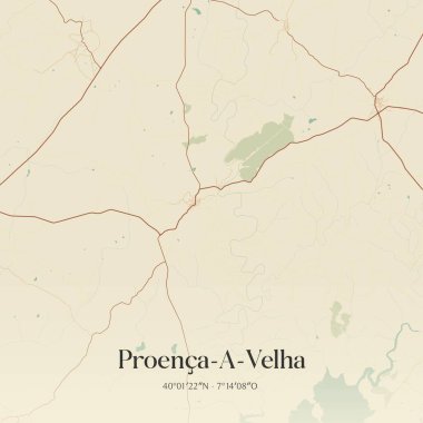 Portekiz 'in Idanha-a-Nova şehrinde bulunan Proenca-A-Velha' nın klasik duvar sanat haritası. Ormanlar, yollar, şehirler, göller ve nehirlerle ilgili hava planı.