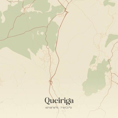Queiriga 'nın klasik duvar sanat haritası, Vila Nova de Paiva, Portekiz' de. Ormanlar, yollar, şehirler, göller ve nehirlerle ilgili hava planı.