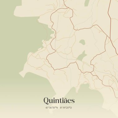 Quintiaes 'in klasik duvar sanat haritası, Barcelos, Portekiz' de. Ormanlar, yollar, şehirler, göller ve nehirlerle ilgili hava planı.