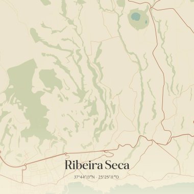 Portekiz, Vila Franca do Campo 'da bulunan Ribeira Seca' nın klasik duvar sanat haritası. Ormanlar, yollar, şehirler, göller ve nehirlerle ilgili hava planı.