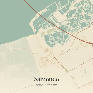 Vintage wall art map of Samouco, located in Alcochete, Portugal. Aerial plan with forests, roads, cities, lakes and rivers. clipart