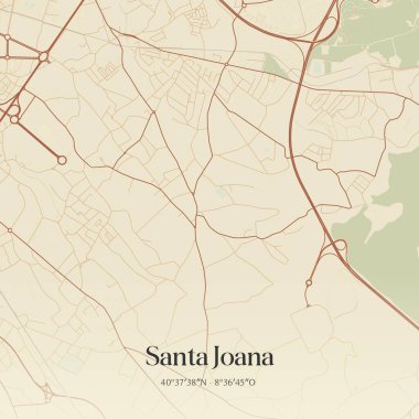 Santa Joana 'nın klasik duvar haritası, Portekiz, Aveiro' da. Ormanlar, yollar, şehirler, göller ve nehirlerle ilgili hava planı.