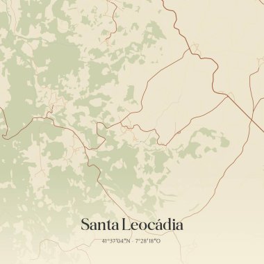 Santa Leocadia 'nın klasik duvar sanat haritası, Chaves, Portekiz' de. Ormanlar, yollar, şehirler, göller ve nehirlerle ilgili hava planı.