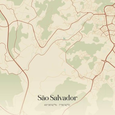 Portekiz, Viseu 'da bulunan Sao Salvador' un klasik duvar sanat haritası. Ormanlar, yollar, şehirler, göller ve nehirlerle ilgili hava planı.