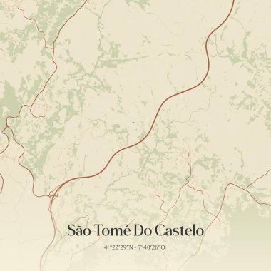 Portekiz, Vila Real 'de bulunan Sao Tome Do Castelo' nun klasik duvar haritası. Ormanlar, yollar, şehirler, göller ve nehirlerle ilgili hava planı.