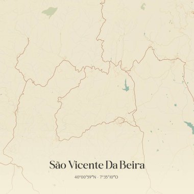 Portekiz, Castelo Branco 'da bulunan Sao Vicente Da Beira' nın klasik duvar sanat haritası. Ormanlar, yollar, şehirler, göller ve nehirlerle ilgili hava planı.