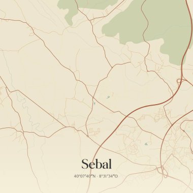 Portekiz, Condeixa-a-Nova 'da bulunan Sebal' in klasik duvar sanat haritası. Ormanlar, yollar, şehirler, göller ve nehirlerle ilgili hava planı.