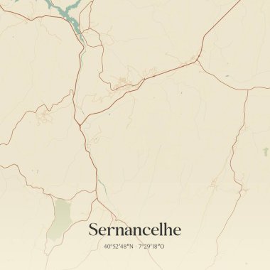 Vintage wall art map of Sernancelhe, located in Sernancelhe, Portugal. Aerial plan with forests, roads, cities, lakes and rivers. clipart