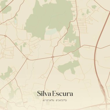 Silva Escura 'nın klasik duvar haritası, Maia, Portekiz' de. Ormanlar, yollar, şehirler, göller ve nehirlerle ilgili hava planı.