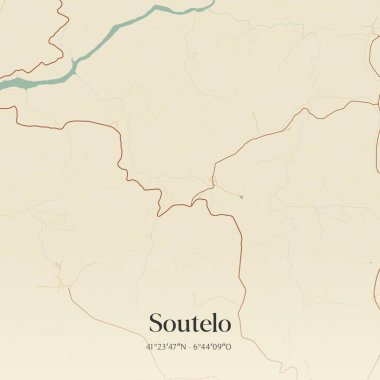 Mogadouro, Portekiz 'de bulunan Soutelo' nun klasik duvar sanat haritası. Ormanlar, yollar, şehirler, göller ve nehirlerle ilgili hava planı.