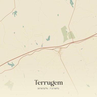 Portekiz, Elvas 'ta bulunan Terrugem' in klasik duvar sanat haritası. Ormanlar, yollar, şehirler, göller ve nehirlerle ilgili hava planı.