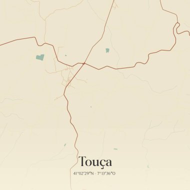 Vila Nova de Foz Coa, Portekiz 'de bulunan Touca' nın klasik duvar sanat haritası. Ormanlar, yollar, şehirler, göller ve nehirlerle ilgili hava planı.