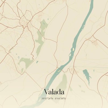 Valada 'nın klasik duvar sanat haritası, Cartaxo, Portekiz' de. Ormanlar, yollar, şehirler, göller ve nehirlerle ilgili hava planı.