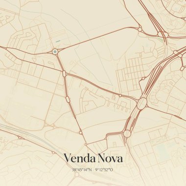 Venda Nova 'nın klasik duvar haritası, Amadora, Portekiz' de. Ormanlar, yollar, şehirler, göller ve nehirlerle ilgili hava planı.