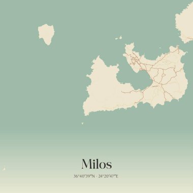 Yunanistan 'ın Ege kentinde bulunan Milos' un klasik duvar sanat haritası. Ormanlar, yollar, şehirler, göller ve nehirlerle ilgili hava planı.