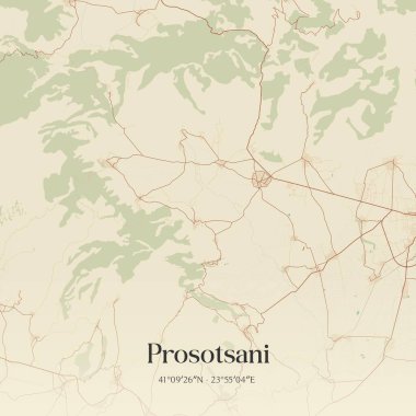 Makedonya ve Yunanistan 'ın Trakya kentinde yer alan Prosotsani' nin klasik duvar sanat haritası. Ormanlar, yollar, şehirler, göller ve nehirlerle ilgili hava planı.