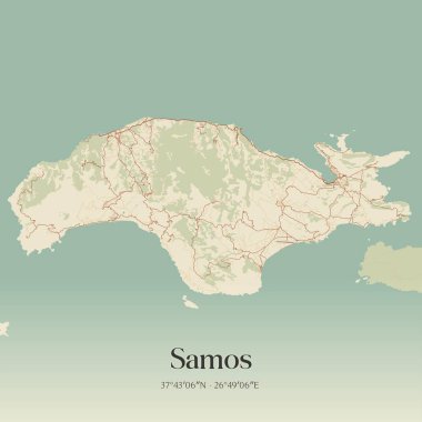 Vintage wall art map of Samos, located in Aegean, Greece. Aerial plan with forests, roads, cities, lakes and rivers. clipart