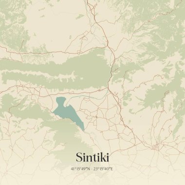 Makedonya ve Yunanistan 'ın Trakya kentinde yer alan Sintiki' nin klasik duvar sanat haritası. Ormanlar, yollar, şehirler, göller ve nehirlerle ilgili hava planı.