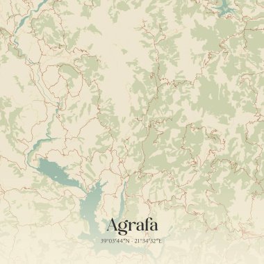 Yunanistan 'ın Selanik ve Orta Yunanistan kentinde bulunan Agrafa' nın klasik duvar sanat haritası. Ormanlar, yollar, şehirler, göller ve nehirlerle ilgili hava planı.