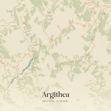 Yunanistan 'ın Selanik ve Orta Yunanistan kentinde bulunan Argithea' nın klasik duvar sanat haritası. Ormanlar, yollar, şehirler, göller ve nehirlerle ilgili hava planı.