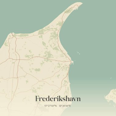 Frederikshavn 'ın Nordjylland, Danimarka' daki klasik duvar sanat haritası. Ormanlar, yollar, şehirler, göller ve nehirlerle ilgili hava planı.
