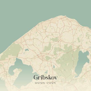 Hovedstaden, Danimarka 'da bulunan Gribskov' un klasik duvar sanat haritası. Ormanlar, yollar, şehirler, göller ve nehirlerle ilgili hava planı.