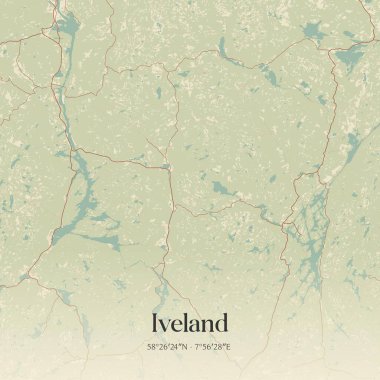 Norveç 'in Aust-Agder şehrinde bulunan, eski bir duvar haritası. Ormanlar, yollar, şehirler, göller ve nehirlerle ilgili hava planı.