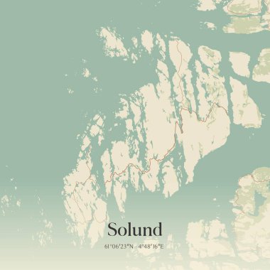 Solund 'un klasik duvar sanat haritası, Sogn og Fjordane, Norveç' te. Ormanlar, yollar, şehirler, göller ve nehirlerle ilgili hava planı.