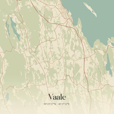 Vintage wall art map of Vaale, located in Vestfold, Norway. Aerial plan with forests, roads, cities, lakes and rivers. clipart