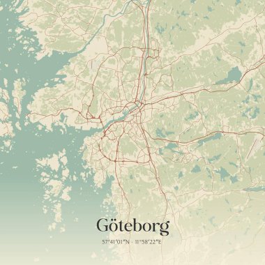 Goteborg 'un Vastra Gotaland, İsveç' teki klasik duvar sanat haritası. Ormanlar, yollar, şehirler, göller ve nehirlerle ilgili hava planı.