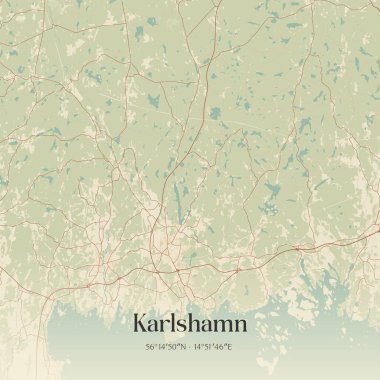 Vintage wall art map of Karlshamn, located in Blekinge, Sweden. Aerial plan with forests, roads, cities, lakes and rivers. clipart