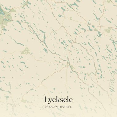 Vintage wall art map of Lycksele, located in Vasterbotten, Sweden. Aerial plan with forests, roads, cities, lakes and rivers. clipart