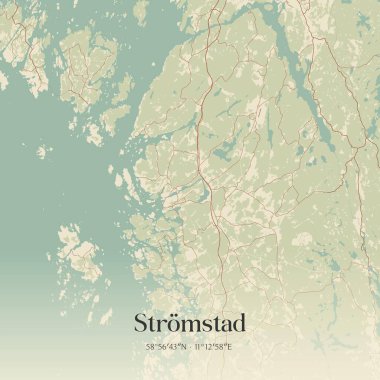 Vintage wall art map of Stromstad, located in Vastra Gotaland, Sweden. Aerial plan with forests, roads, cities, lakes and rivers. clipart