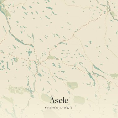 Vintage wall art map of Asele, located in Vasterbotten, Sweden. Aerial plan with forests, roads, cities, lakes and rivers. clipart