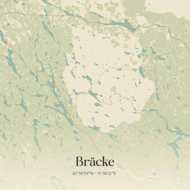 Bracke 'ın klasik duvar haritası, Jamtland, İsveç' te. Ormanlar, yollar, şehirler, göller ve nehirlerle ilgili hava planı.