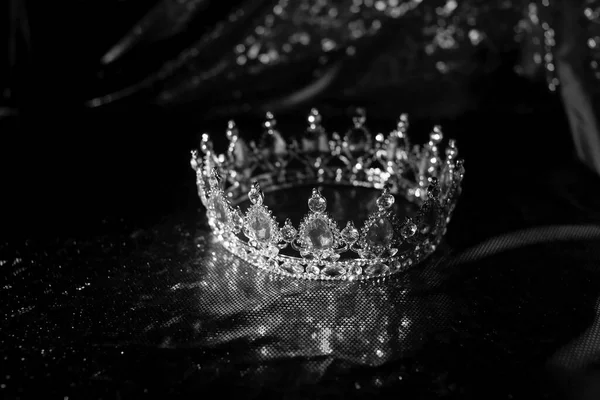 Luxury crown with ruby gemstones on silver sparkle background. Black and white.
