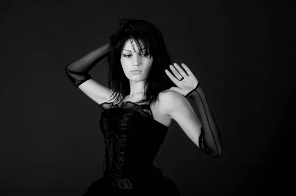 Sensual Mysterious Actress Black Gothic Corset Shot Studio Halloween Black — Foto de Stock