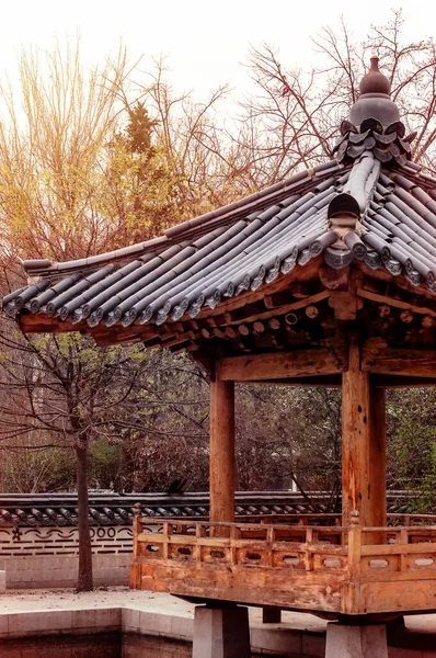 在传统的韩国花园的漂亮的屋顶东方房子 具有佛寺顶板古建筑特色的日本乡村风貌 — 图库照片