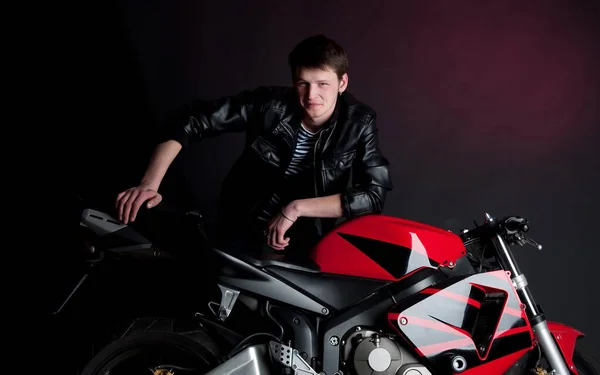 Man Guy Black Leather Jacket Sits Motor Bike Studio Motorbike — Stock Photo, Image