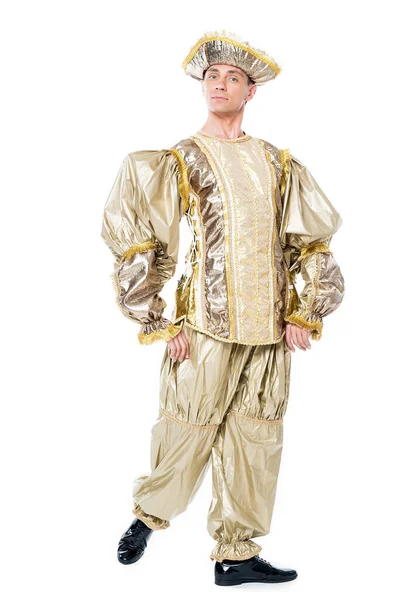 Altın Karnaval Kostümlü Prens Beyaz Arka Planda Izole Edilmiş — Stok fotoğraf