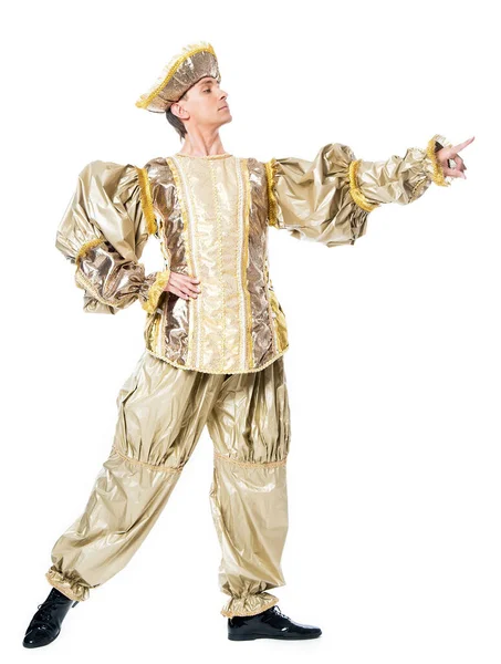 Принц Золотому Карнавальному Костюмі Ізольований Білому Тлі — стокове фото