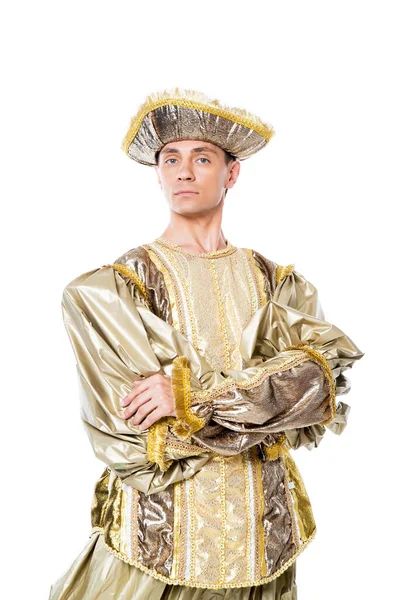 Príncipe Disfrazado Carnaval Dorado Aislado Sobre Fondo Blanco — Foto de Stock